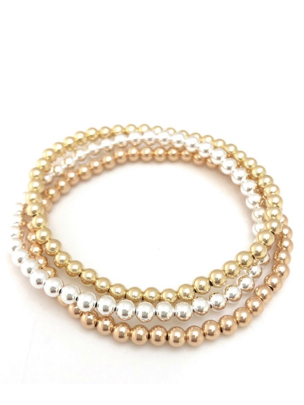 Hand Crafted 14K Gold, Sterling Silver & Rose Gold Bead Bracelets, Set of 3, 7”